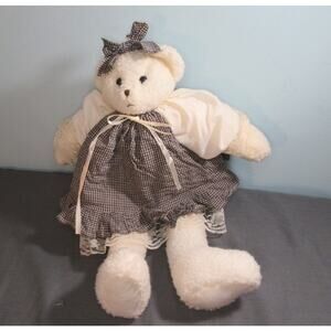 Crazy Mountain White Plush Bear Weighted Shelf Sitter Gray Gingham Dress